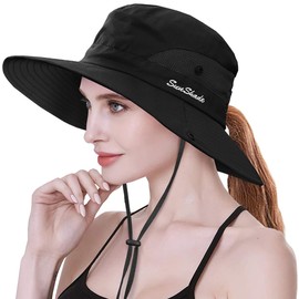 LCZTN Womens Ponytail Wide Brim Sun Hat Packable UV Protection Beach Cap for Fishing & Hiking Black