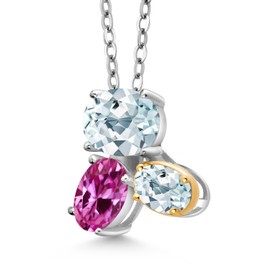 925 Silver and 10K Yellow Gold Sky Blue Aquamarine and Pink Created Sapphire Pendant Necklace For Women (2.60 Cttw, Oval 8X6MM, 7X5MM and 6X4MM, Gemstone March Birthstone, with 18 Inch Chain)