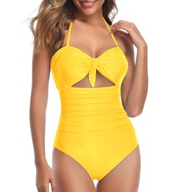 Tempt Me Traje de baño Sexy de una Pieza para Mujer, con Control de Abdomen, Cintura Alta, Halter, Nudo Frontal, Traje de baño