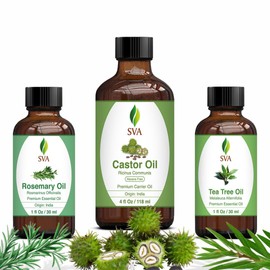 SVA ORGANICS SVA Castor Oil 4oz, Tea Tree Essential Oil 1oz and Rosemary Essential Oil 1oz Bundle Super Saver Combo C Premium Grade Value Set for Scalp Massage, Hair Care, Skin Care, Body Massage and Aromatherapy