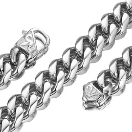 Innovative jewelry 15mm Polishing Silver Stainless Steel Curb Cuban Link Chain Necklace Men's Jewelry Choker (15MM, 16")