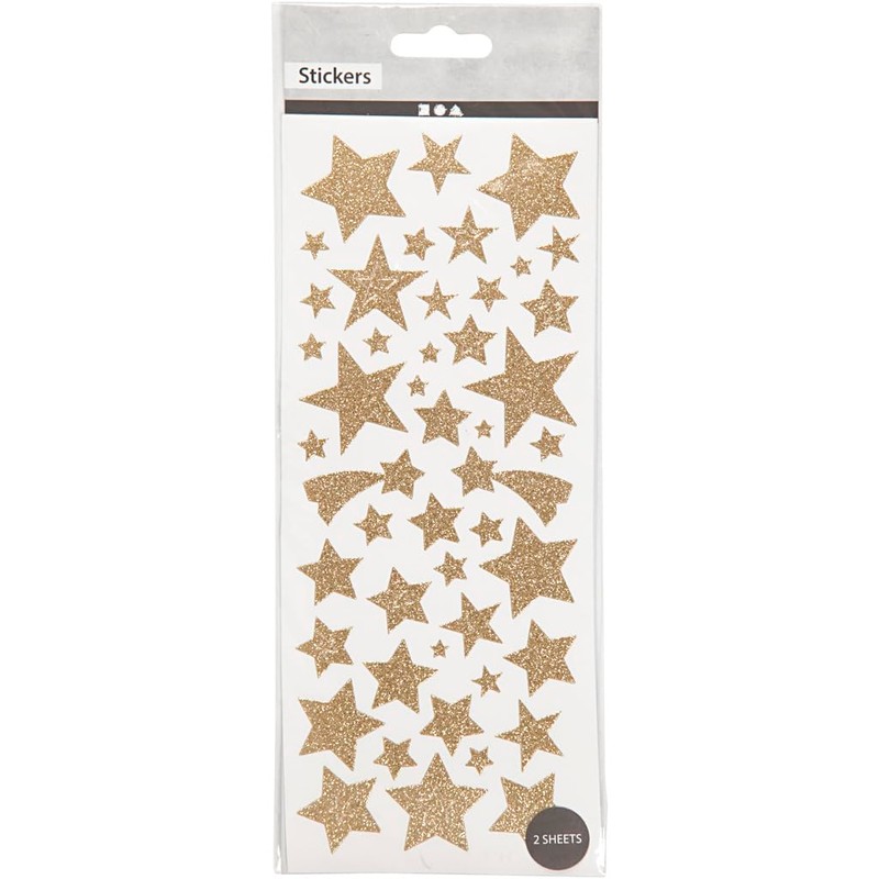 Glitter Stickers, sheet 10x24 cm, approx. 110 pc, gold, stars,