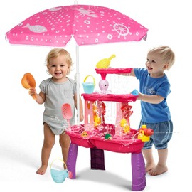 AuntyFey Water Table for Toddlers 1-3-5, Kids Water Table with Umbrella, Kids Toddler Sand Table for Outside Kids Ages 4-8, Pink