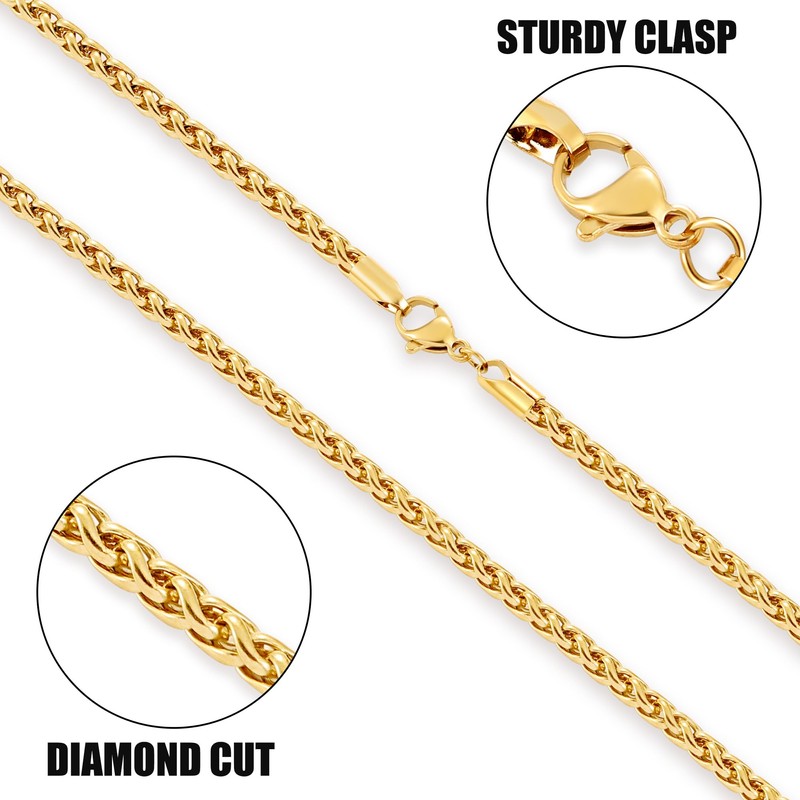 Fiusem Gold Plated Wheat Chain Necklace for Men, 3mm Gold