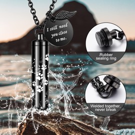 Dletay Cylinder Urn Necklace for Ashes Paw Print Cremation Jewelry for Ashes Memorial Keepsake Pendant with Angel Wing Round Tag Stainless Steel Remembrance Jewelry-L