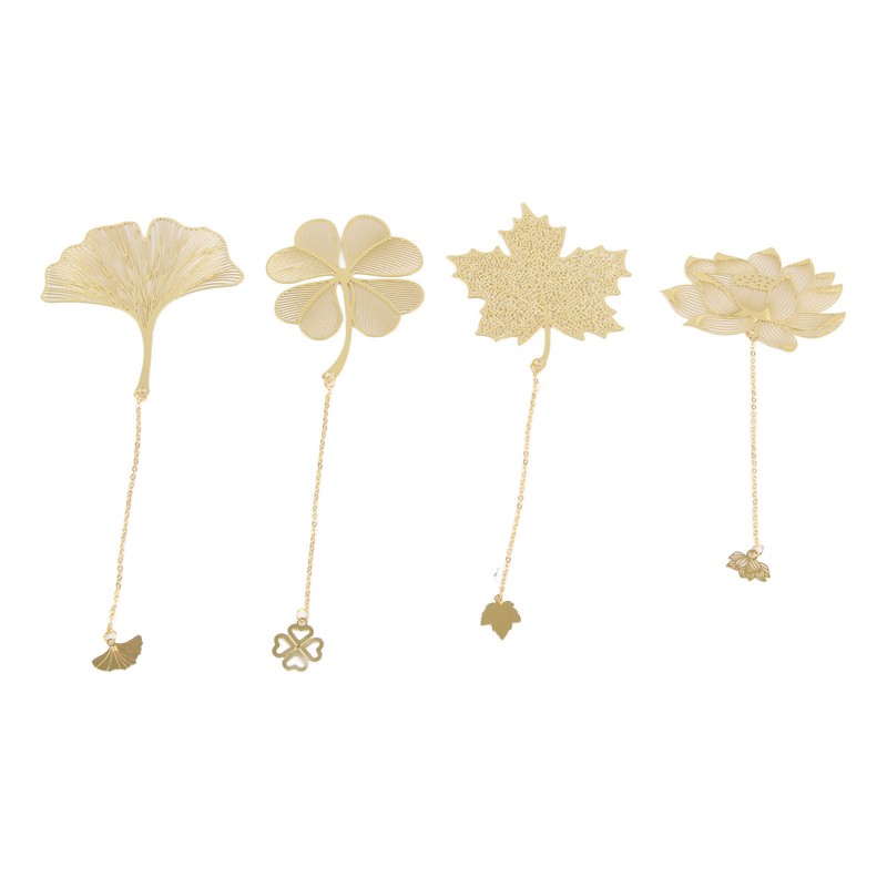 4pcs Metal Bookmarks with Chain Four Patterns Hollow Thin Golden