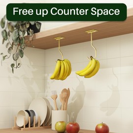 Under Cabinet Banana Hook Adhesive - Sticky Banana Hanger Under Counter, Metal Banana Holder for Hanging Bananas or Kitchen Utensils, Banana Saver, Foldable with Magnets When Not in Use, Gold