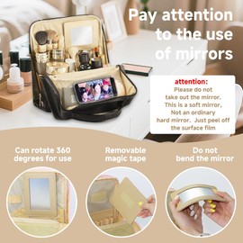 Geelraqaly large standing makeup bag, Women's Large Capacity Foldable Magnetic Travel Makeup Storage Bag, waterproof pu leather Portable Open makeup bag with dividers and Mirror,black