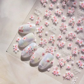 5D Embossed Flower Nail Stickers for Nails Art White Pink Spring Summer Sakura Self-Adhesive Design Nail Decals Cute Flowers Nail Sticker for Women Girls DIY Salon Manicure Decoration Supplies