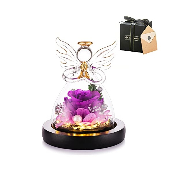 Glasseam Eternal Rose Gifts for Her, Preserved Roses in Glass Dome, Purple Forever Rose Angel Ornament with LED Light, Romantic Anniversary Birthday Gifts for Women, Forever Rose Gift for Mum