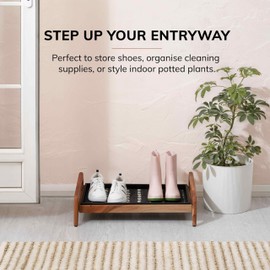Anji Mountain Heavy Duty Waterproof Wooden Shoe Storage Mat Organizer/Boot Storage Tray Multi Use for Entryway with Coir, Gray and Ivory Insert, 1 Tier, Fits 2 Pair (26.5" Wide)