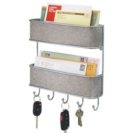 mDesign Key Rack with Shelf - Versatile Metal Key Rack with Plastic Mesh Accents - with 2 Letter Trays for Mail and Magazines - Silver