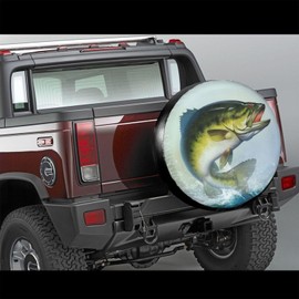 Bass Fish Jumping Spare Tire Cover Fishing Tire Wheel Covers Waterproof Dust-Proof Wheel Tire Protector Weatherproof Tyre Covers Universal Fit for RV SUV Travel Trailer Truck Off-Road Vehicle 14 Inch