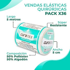 Pack de 36 - Vendas Elásticas Quirúrgicas - 5 cm de Ancho | Vendaje Elástico Transpirables - Ajustables | Vendas Elásticas de Compresión - Cinta Kines