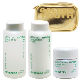 Innisfree Green Tea Hyaluronic Acid 3 types (skin + lotion + cream) + GOLDEN YOUTH pouch (gold) provided / 이니스프리 그린티 히알루론산 3종구성(스킨+로션+크림)+GOLDEN YOUTH 파우치(골드) 증정