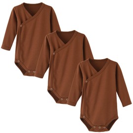 BINIDUCKLING Pack of 3 Baby Boys Girls Long Sleeve Wrap Bodysuits - 100% Cotton Baby Bodysuit with Side Poppers for Newborns - 12 Months, brown