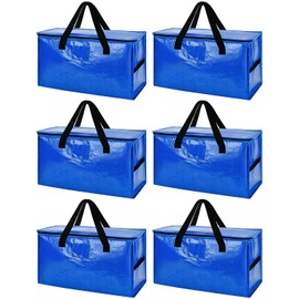 Neverwhy 6 Pack Large Moving Bags with Reinforced Handles & Zippers, Heavy-Duty Water-Resistant Storage Totes for Clothes Bedding, Reusable Packing Bags for College Dorm Moving Supplies - Blue