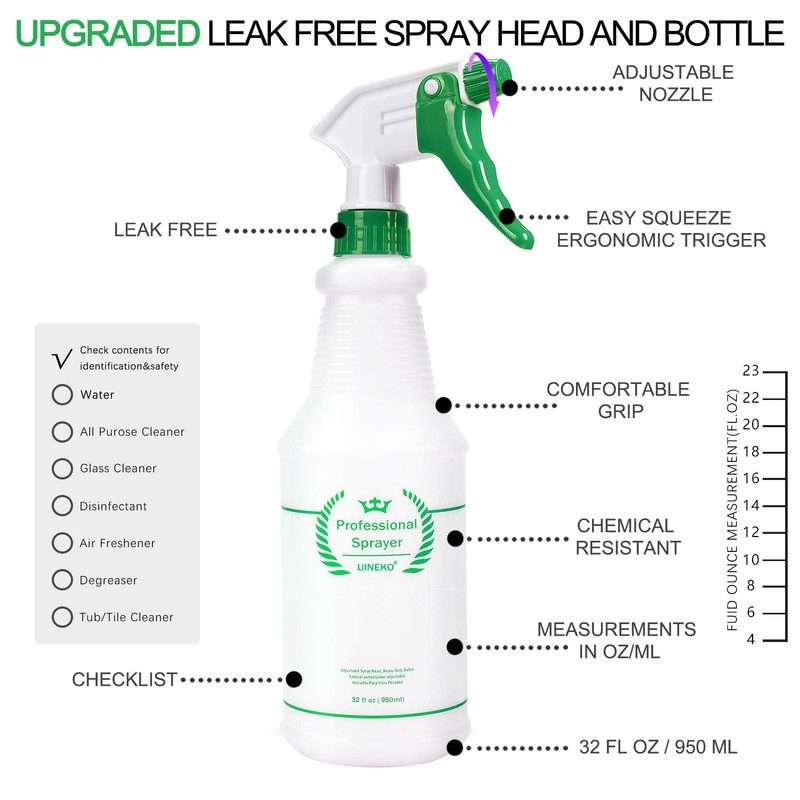 Plastic Spray Bottle 2 Pack, 32 Oz, All-Purpose Heavy Duty