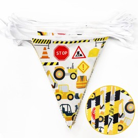 32Ft Construction Party Decorations Yellow Black Construction Themed Fabric Banner Triangle Pennant Flag Garland Streamers for Kids Dump Truck Birthday Excavator Tractor Baby Shower Decor Supplies