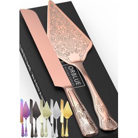 Orblue Wedding Cake Knife and Server Set - Premium, Beautifully Engraved Cutting Set - Elegant Keepsake for Newlyweds Rose Gold