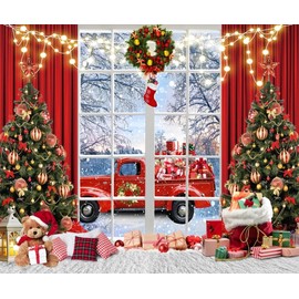 10x8ft Vinyl Christmas Photography Backdrops Xmas Window Photoshoot Backdrop Xmas Tree Snow Scene Red Car Wreath Light Background New Year Xmas Party Background Banner Supplies Photo Booth Props