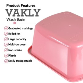 Vakly Wash Basins – Rectangular Plastic Hospital Bedside Soaking Tub - Small 7 Qt Graduated Bucket - Portable Washbasin for Washing, Cleaning, Foot Bath, Dishes, Face Cleansing Bowl (5, Pink)