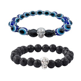 2Pcs Lucky Turkish Evil Eye Hamsa Hand of Fatima Skull Skeleton Bead Stretchy Bracelet 7 Chakras Gemstone Lava Stone Bracelet for Women Men Good Luck Protection Amulet Jewelry-J black