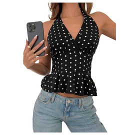 MakeMeChic Women's Polka Dots Halter Tops V Neck Tie Back Wrap Shirt Sleeveless Cami Top Black Small