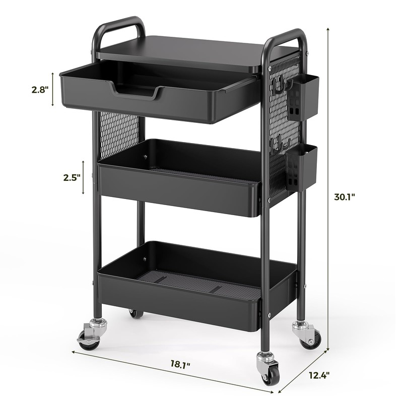 3 Tier Metal Rolling Cart with Drawer, Black Utility Storage