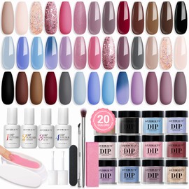 AZUREBEAUTY 31 Pcs Dip Powder Nail Kit Starter Set, 20 Colors Pastel Spring Summer Dipping Powder Set, Pink Blue Purple Dip Powder Liquid Set with Base/Top Coat for Beginners Women French Nails Art Manicure DIY Salon