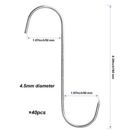 MAHIONG 40 PCS 6.3 Inch Meat Hooks, Stainless Steel S-Shaped Butcher Hook Smoking Hook Meat Processing for Hanging, Drying, BBQ, Chicken, Ribs