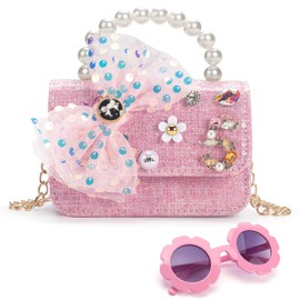 LJCTULY Girls Purse for Kids Aged 3-12 - Toddler Crossbody Bag with Flower Sunglasses - Cute Kids Purse with Chain Shoulder Strap - Birthday Gifts for Girls (Hot Pink)