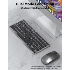 LINKEET Wireless Keyboard and Mouse for Mac, 2.4G/Bluetooth Keyboard and Mouse Combo Ultra Slim Compact 78 Keys Rechargeable Low Profile Silent Office Keyboard Mouse Set for Mac/Win, Black Grey