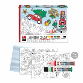 Marabu 0406000013908 Window Colour Fun & Fancy "XMAS Traditional" Water Based Window Paint, 6 Pens with 25 ml Paint, A3 Colouring Template and A4 Painting Film