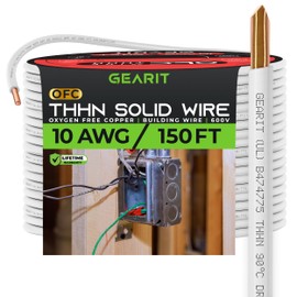 GearIT Solid THHN Wire (10 Gauge, 150 Feet) 100% OFC Electrical Building Wire, Rated for Up to 600 Volts, Single Conductor, Nylon Jacket, UL Listed/RoHs Compliant - White, 150ft