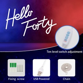 Hello Forty Neon Sign 40th Birthday Dimmable Neon Sign Warm White Words Neon Lights for Bedroom Decor USB Hanging Sign For living room Home Bar Apartment Office Beauty Salon Decor 16.4 * 10.8 Inch