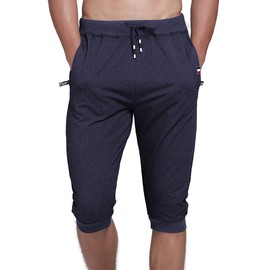 YSENTO - Pantalones capri de algodón para hombre, estilo casual, 3/4, para correr, debajo de la rodilla, para gimnasio, entrenamiento, bolsillos con cierre, 01 Azul, 30