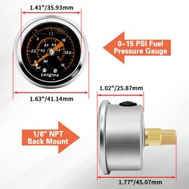 Langina Fuel Pressure Gauge Kit, 0-15psi Glycerin Filled Fuel Pressure Gauge,1/8" NPT Back Mount Fuel Pressure Regulator with 5/16" and 3/8" Fuel Line Hose, 5/16" to 3/8" Barbed Hose Fitting(304SS)