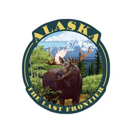 Die Cut Sticker Alaska, The Last Frontier, Moose Scene, Contour Vinyl Sticker 3 to 6 inches, (Waterproof Decal for Cars, Water Bottles, Laptops, Coolers), Large