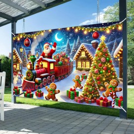 BlissYard Christmas Backdrop 70.9 x 43.3 Inches Santa Train Wall Banner with Gingerbread Man Holiday Tree Decoration Fabric Background for Kids Room Winter Party Indoor Outdoor Photo Booth