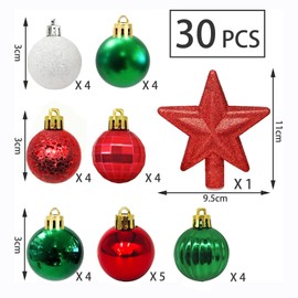 Pack of 30 Mini Christmas Baubles with Hanger, 3 cm Small Christmas Tree Baubles Red & Green & White Baubles Mini Christmas Tree Table Christmas Tree Decoration Set