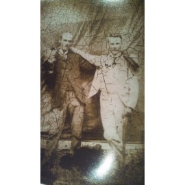 Outlaws Frank and Jesse James sepia tone print, outlaws laughing