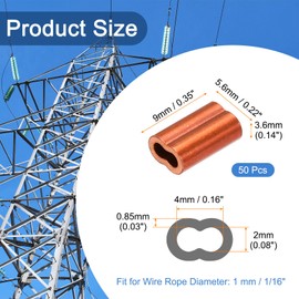 sourcing map Copper Duplex Oval Crimping Sleeve 1/16"(1.5mm) Cable Ferrule Crimping Loop Sleeve for Wire Rope Cable Fishing Line, Pack of 50
