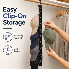 Hat Organizer for Closet Storage – 8-Clip Hanging Rack for Baseball Caps, Cowboy Hats & Wigs in Home or Dorm