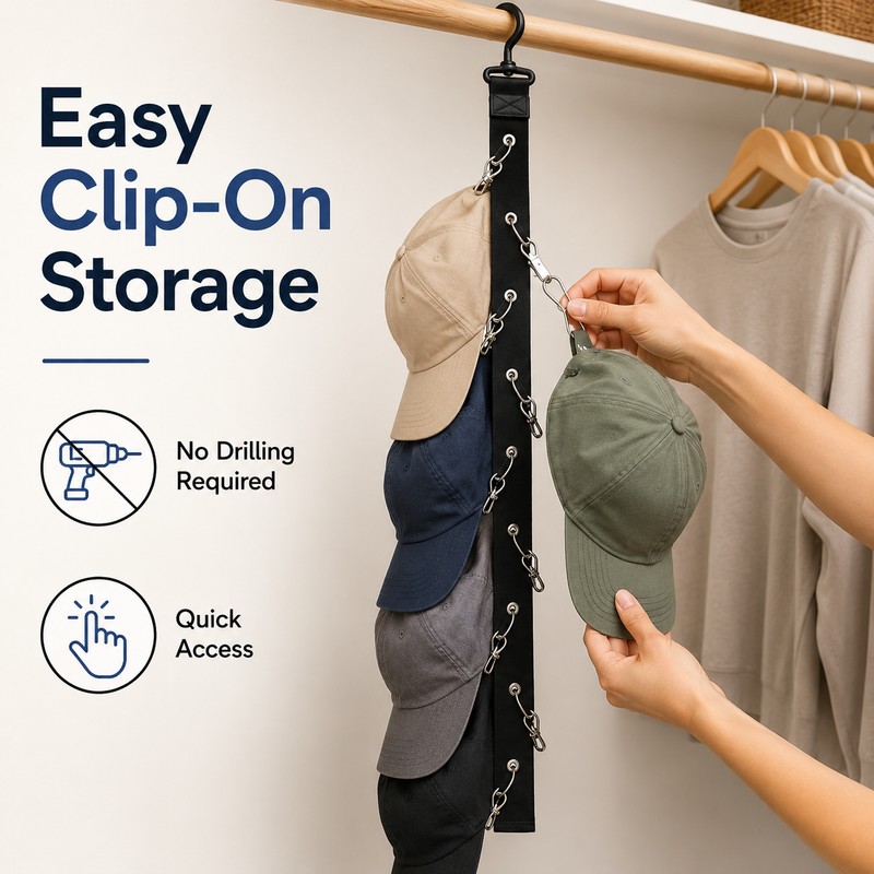 Hat Organizer for Closet Storage – 8-Clip Hanging Rack for