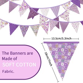 Whaline 40ft Fabric Bunting Banner Purple Floral Vintage Bunting Flags Reusable Cotton Triangle Flag Garland with 42pcs Pennants for Baby Shower Garden Wedding Birthday Party Decoration