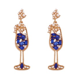Dainty Champagne Goblet Rhinestone Dangling Earrings for Women,Sparkly Pearl Wine Glass Statement Hanging Earrings, Charm Party Festival Jewelry Gifts (Blue)