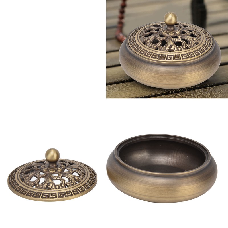 Antique Incense Burner Brass Holder with Lid Fireproof Cotton Interior