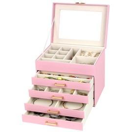 Kendal Jewelry Box, 5-Layer Jewelry Organizer Box with Glass Lid, Pink, Heart Shaped PU Leather, Storage Box for Necklace Earrings Rings Bracelets, Gift Idea for Girls LJC4DRPK