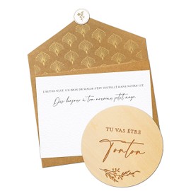 Joli Coon Wooden Pregnancy Card - You Will Tonton with Hinged Envelope and Seal - Pregnancy Announcement Tonton